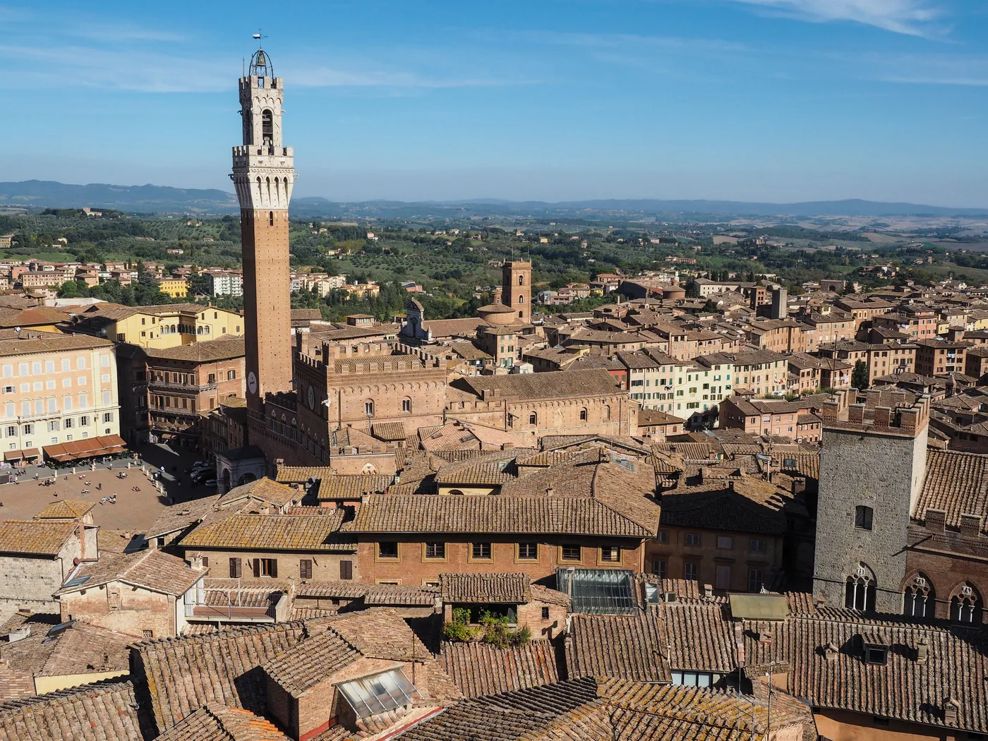 The Piazza del Campo and tower of Siena from above